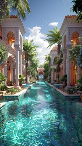 Serene water canal flanked by ornate archways and lush greenery under a clear blue sky