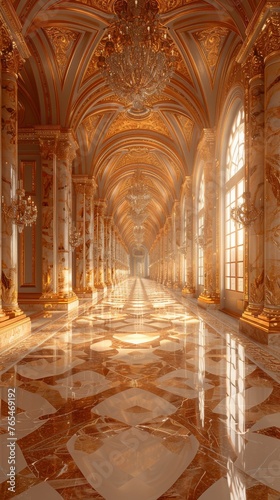 Opulent  golden hall with ornate ceilings  marble floors  and large windows emitting warm sunlight
