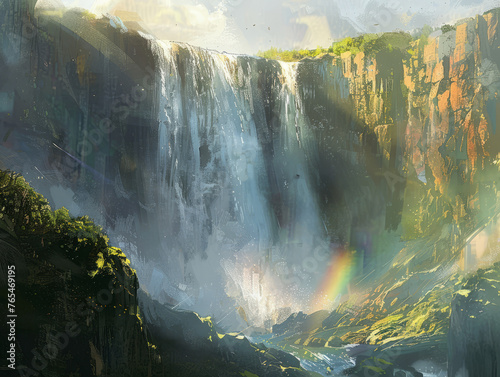 A breathtaking image of a sunlit waterfall cascading down a lush forest valley with a delicate rainbow arching across the spray