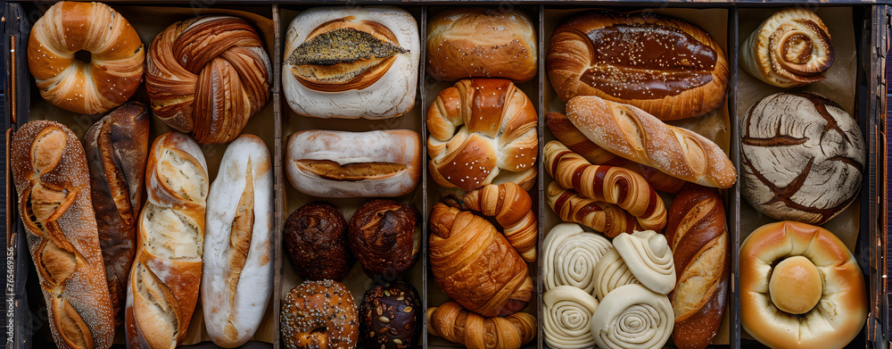 Bakery products in a wooden box, a top view of various breads and pastries, including baguettes, croissants, buns, and rolls, arranged neatly on the table
