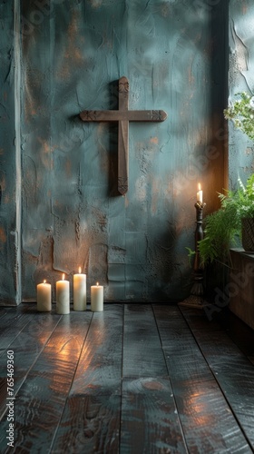 Wooden cross hangs on a textured wall above lit candles and a green potted plant