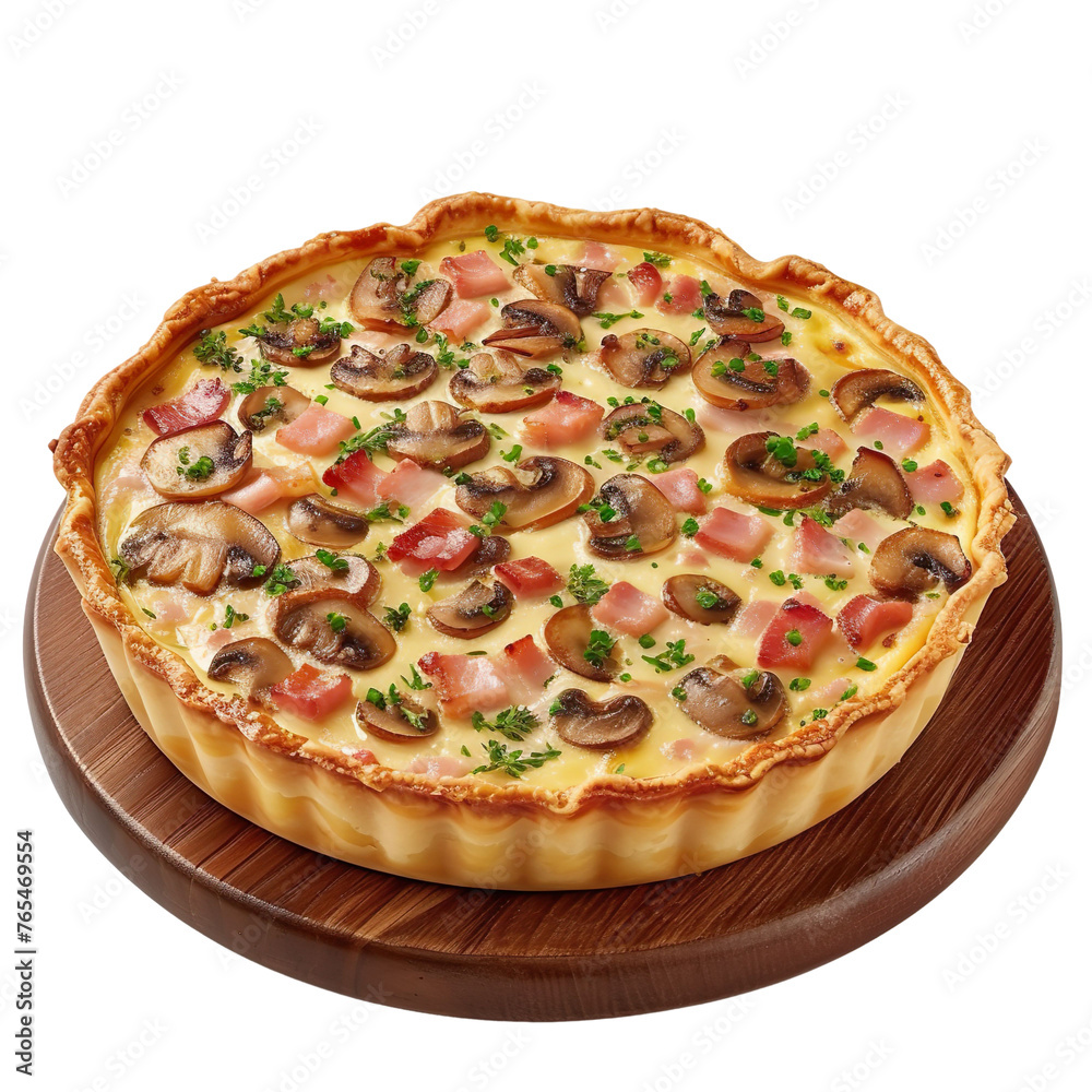 Extreme front view of a savory ham and mushroom quiche on a wooden tray plate isolated on a white transparent background. 