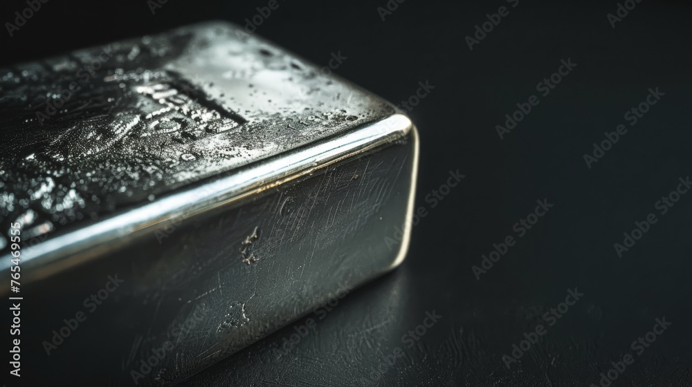 close-up up of a silver ingot bar on black background