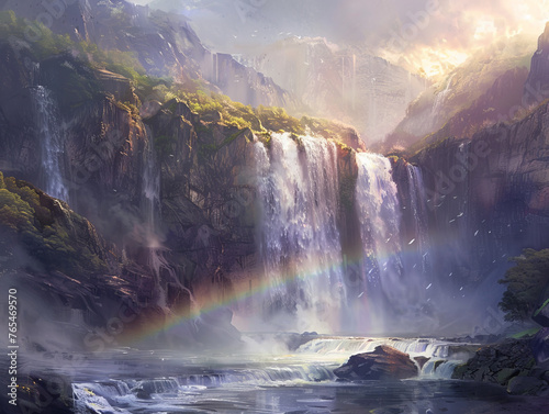 An enchanting image displaying a sun-kissed waterfall surrounded by vibrant greenery with a colorful rainbow spanning the watery mist