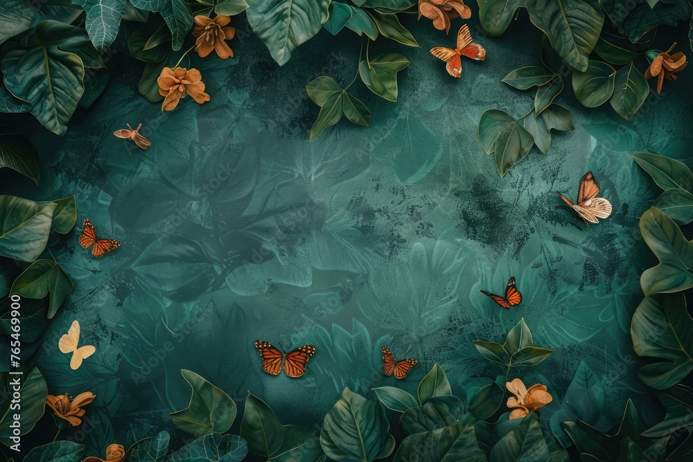 Green floral background with butterflies .