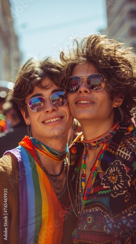 Two joyful individuals with sunglasses embrace under sunlight, reflecting pride colors, exuding friendship and celebratory vibes