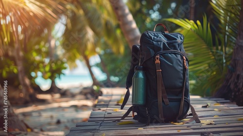 Backpack positioned against a backdrop of a beautiful beach view, embodying adventure and relaxation in one scenic shot.
 photo