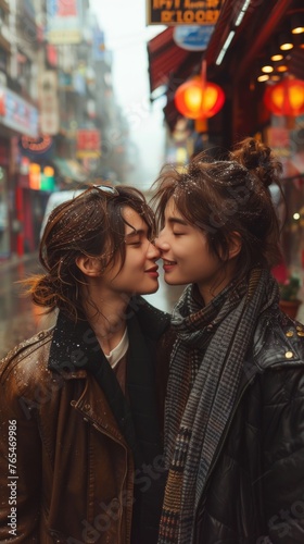 Two individuals intimately facing each other, smiling with foreheads touching, in a rainy, neon-lit street setting