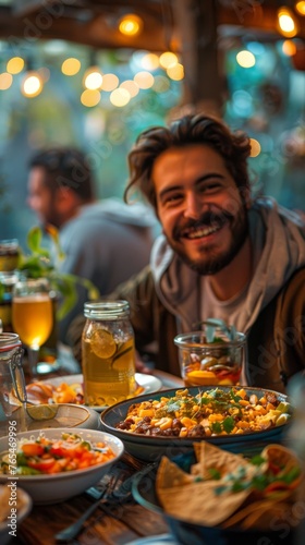 Smiling person at a cozy restaurant with colorful plates of food and ambient light strings