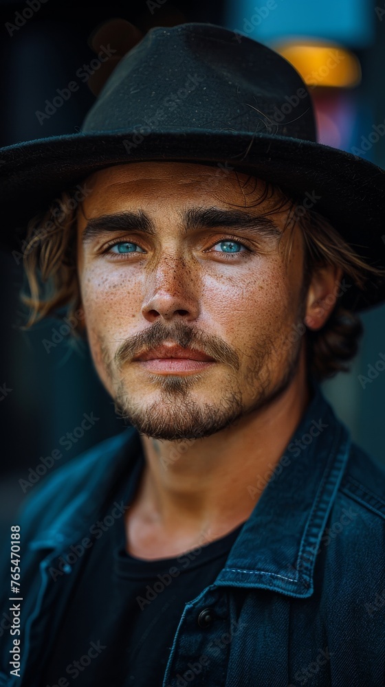 Man with blue eyes and a beard wearing a black hat and denim jacket