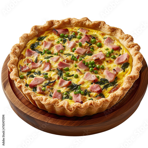 Extreme front view of a flavorful ham and Swiss quiche on a wooden tray plate isolated on a white transparent background. 