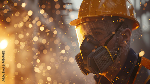 Construction Worker with Dust Mask Amidst Glass Wool Debris photo