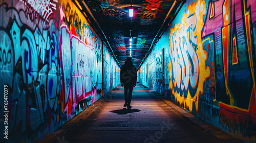a solitary figure walking through a corridor of vibrant graffiti-covered walls, their silhouette illuminated by the colorful street art