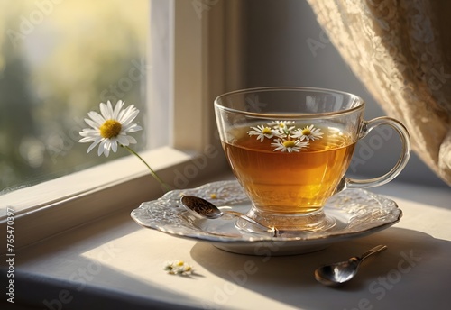 Transparent glass cup full of tea, with chamomile flowers on window sill