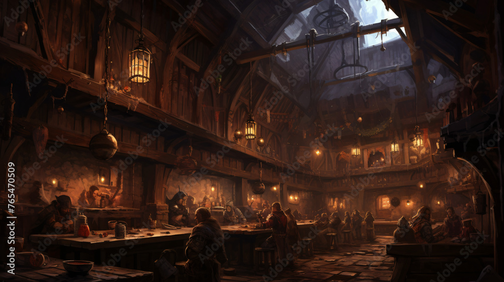 An illustration of the big medieval fantasy tavern. ..