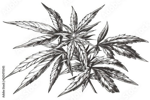 Hand drawn cannabis. Black ink line sketch of marijuana isolated on white background .