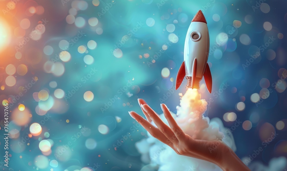 toy rocket being launched from a hand against a starry and nebulous space background - obrazy, fototapety, plakaty 