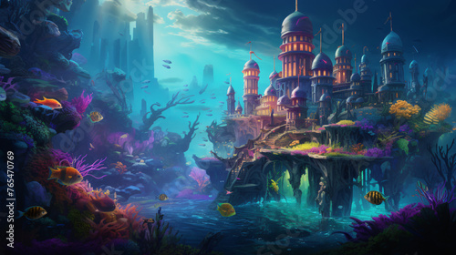 An underwater city with colorful coral reefs and tropi