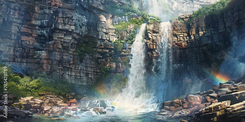 This artwork captures the beauty of a mesmerizing waterfall flowing through a rugged cliffside surrounded by greenery