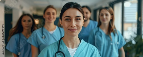 A trio of healthcare professionals in scrubs with stethoscopes in a hospital corridor photo