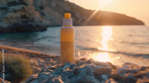 Sunscreen displayed against a backdrop of breathtaking natural scenery, blending sun protection with the beauty of nature.
