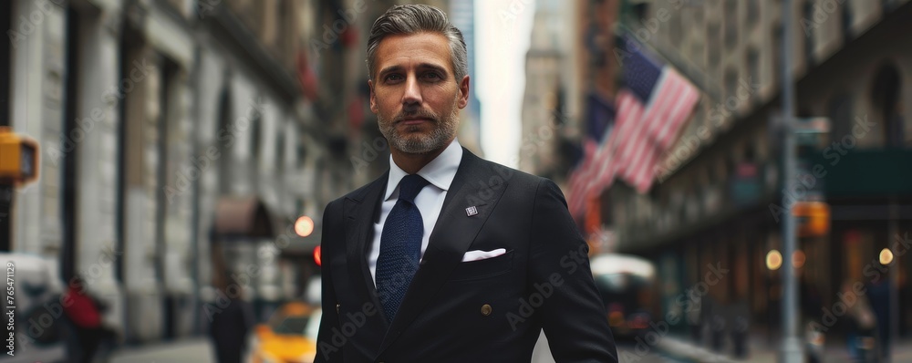 Well-dressed man in a suit walks with purpose on a New York City street with american flag in background