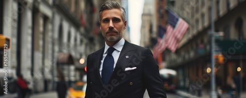 Obraz na płótnie Well-dressed man in a suit walks with purpose on a New York City street with american flag in background w salonie