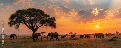 herd of elephants trekking across the African savanna under a breathtaking sunset © Daniela