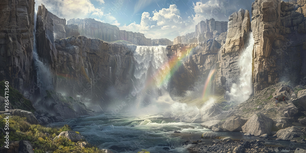 This digital painting illustrates a commanding waterfall beneath a blue sky, highlighted by the presence of a rainbow - obrazy, fototapety, plakaty 
