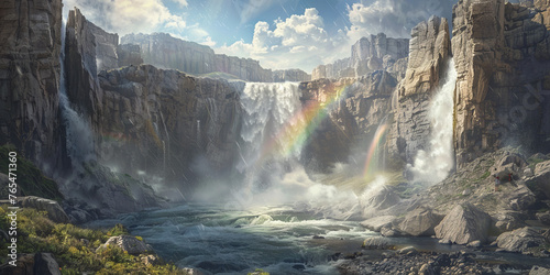 This digital painting illustrates a commanding waterfall beneath a blue sky, highlighted by the presence of a rainbow