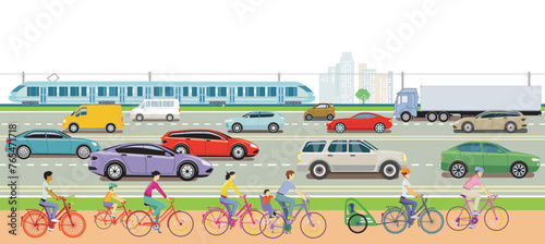 Personenwagen und Lastwagen auf der Autobahn  Illustration