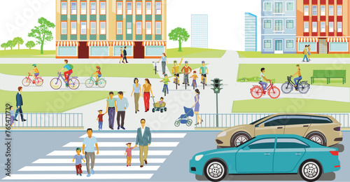 Stadtsilhouette einer Stadt mit Verkehr und Menschen,  illustration