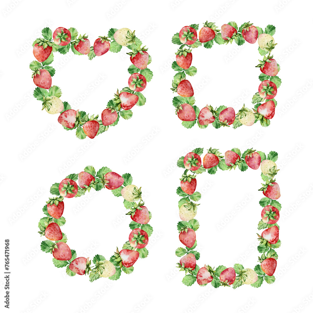 Watercolor strawberries wreath, red berries Watercolor strawberries wreath, red berries