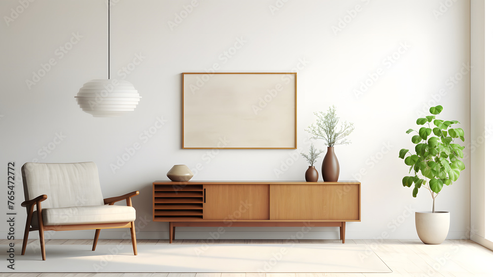 Empty picture frame mockup with minimal wooden furniture Empty picture frame mockup with minimal wooden furniture