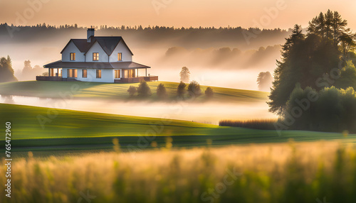 new country house (Modern ecological house) against the backdrop of a beautiful summer landscape in the late evening with a bright sunset (morning sunrise), the concept of living in environmentally  photo
