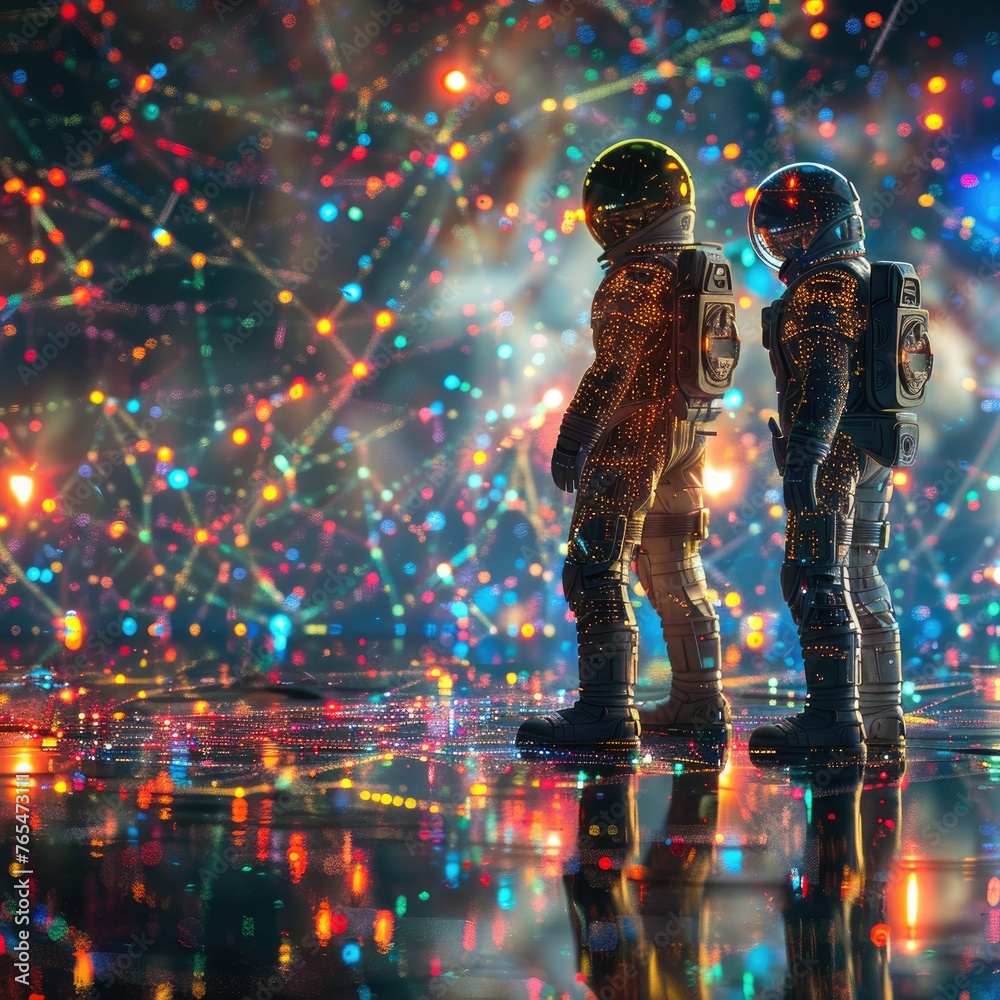 Astronauts with reflections of vivid light particles - Two space explorers witness a mesmerizing light display reflecting off a shiny surface, suggesting intrigue