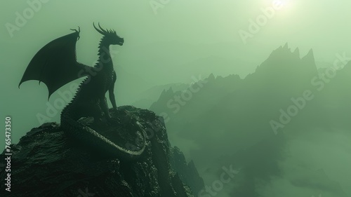 Dragon silhouette on a misty mountain range - In a mystical scene, a dragon silhouette stands on the precipice of a mountain, shrouded in green tones and fog