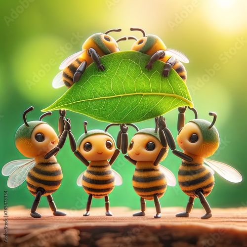 Bee humanoids band together to lift a leaf, a small yet mighty team effort captured in a whimsical, fantastical setting, macro photography.