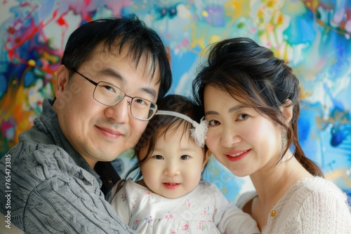 Family portrait with colorful background - A portrait of an Asian family with a toddler against an artistic, colorful splash background