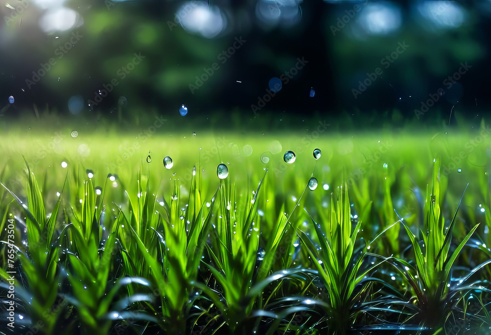 Background image of water drops and plants, grass in the rain, pure nature, background for design,