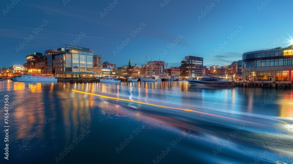 Harbor Lights A Captivating Cityscape Panorama with Glowing Boat Trails Harbor Lights A Captivating Cityscape Panorama with Glowing Boat Trails