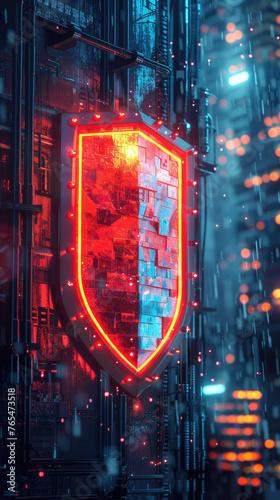 Futuristic shield in neon cyber cityscape - Cybersecurity concept with a glowing red shield in the midst of a high-tech city with a focus on digital protection and futuristic urban environments