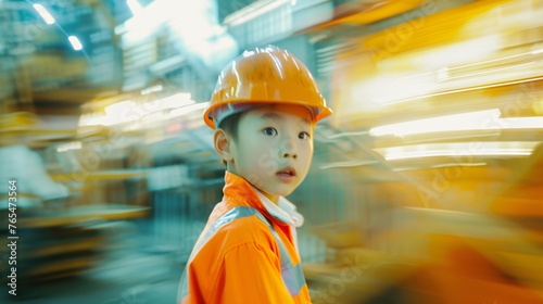 Unseen Worker: A child in construction uniform fades into blur, their labor unseen.