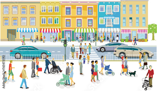 Stadtsilhouette einer Stadt mit Verkehr und Menschen,  illustration