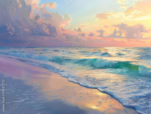As day turns to night, soft pastel colors enhance the natural beauty of ocean waves crashing against the sandy shore © road to millionaire