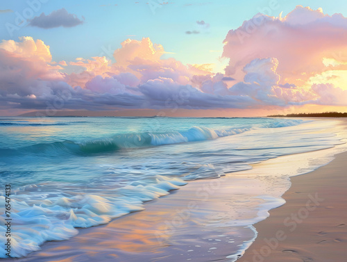 Gentle waves roll onto the sandy shore beneath a sky draped with cotton-like clouds at sunset photo