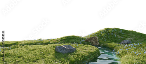 A calm river surrounded by lush greenery and wild flowers. 3D rendering.