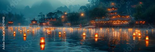Water Lanterns A Festival of Illumination  A boat in a river full of lanterns 
