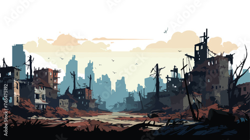 A post-apocalyptic cityscape with ruined buildings 