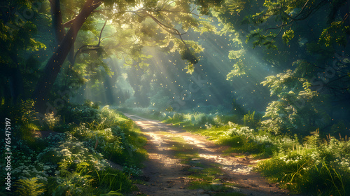A dirt road surrounded by trees and grass with the sun shining through the trees. © wing